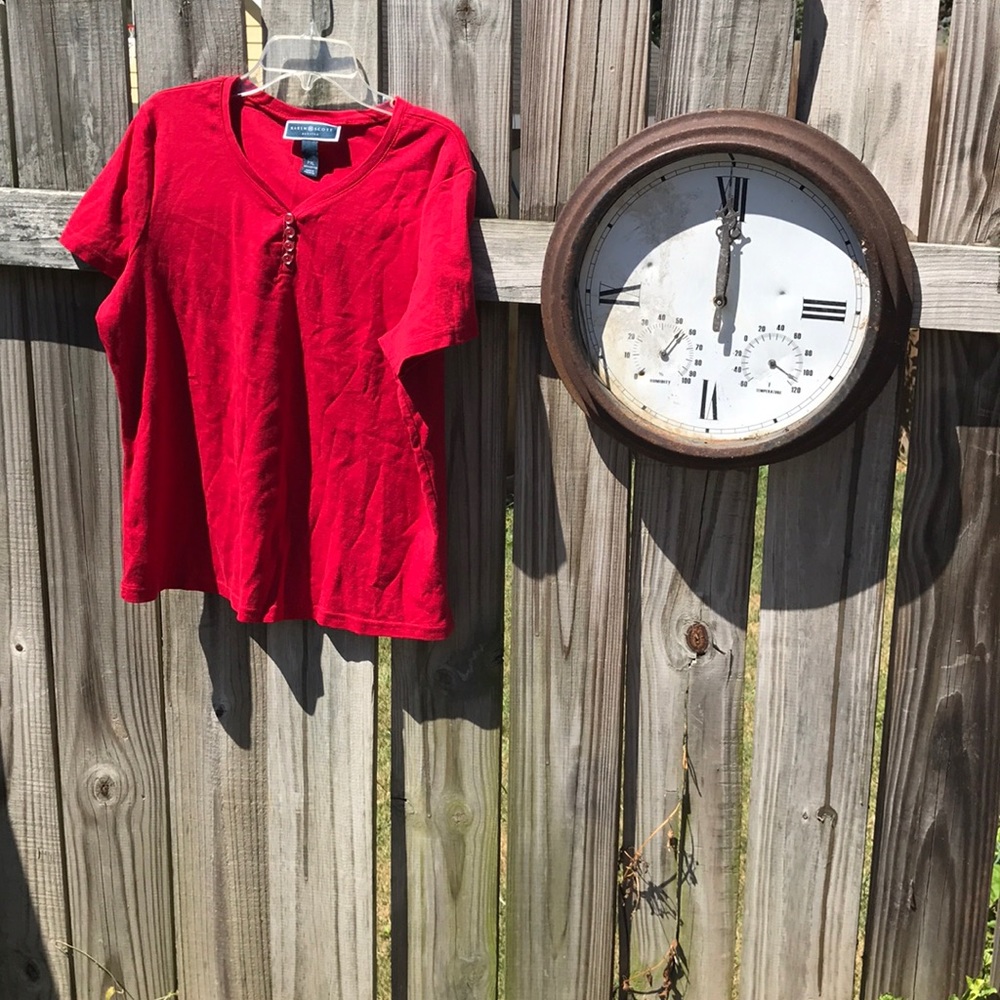 Red petite v neck tee shirt.